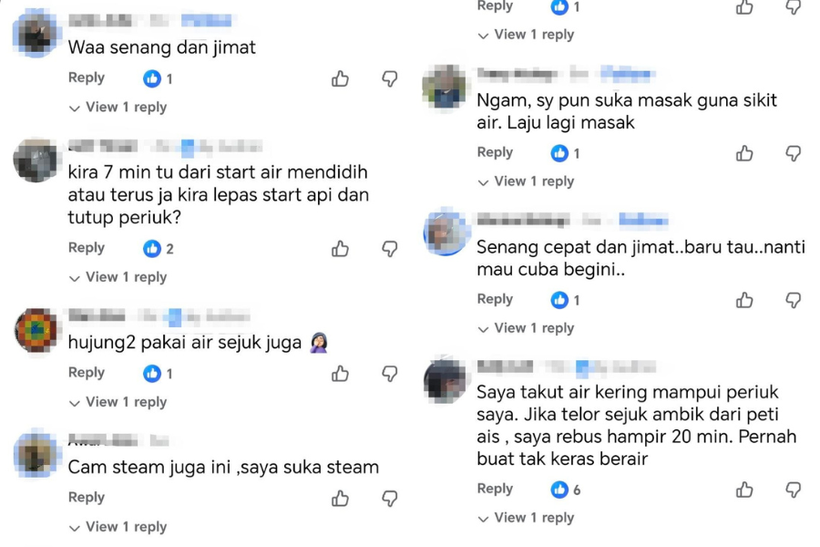 Reaksi pelbagai netizen tentang teknik 50-7-5 untuk merebus telur.