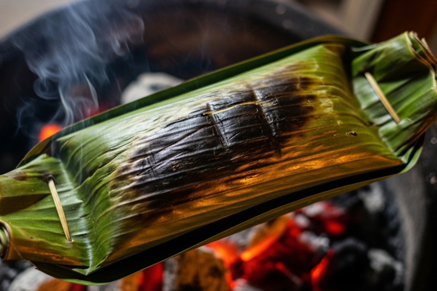 Hidangan penuh aroma ini akan digaul dengan daun sembukan terlebih dahulu sebelum dibalut dengan daun pisang lalu dibakar,