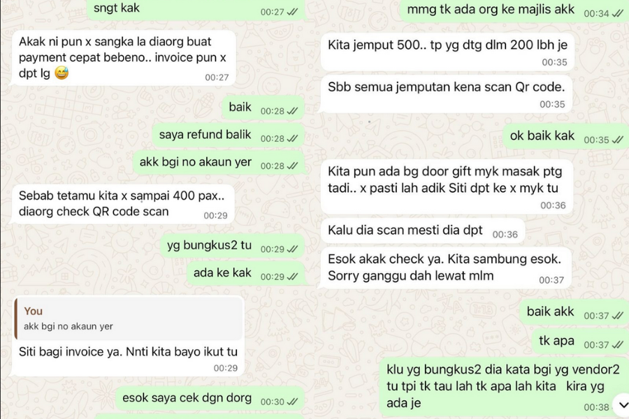 Tangkap layar perbualan cendor dengan wakil syarikat di Johor Bahru. 