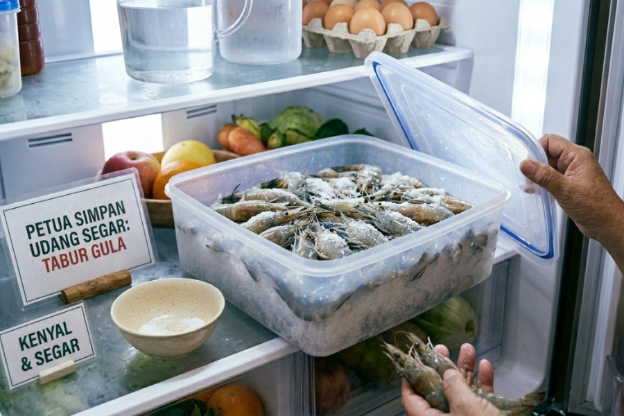 Udang yang ditabur gula masih kelihatan segar dan isinya kenyal walaupun disimpan dalam dalam peti sejuk.