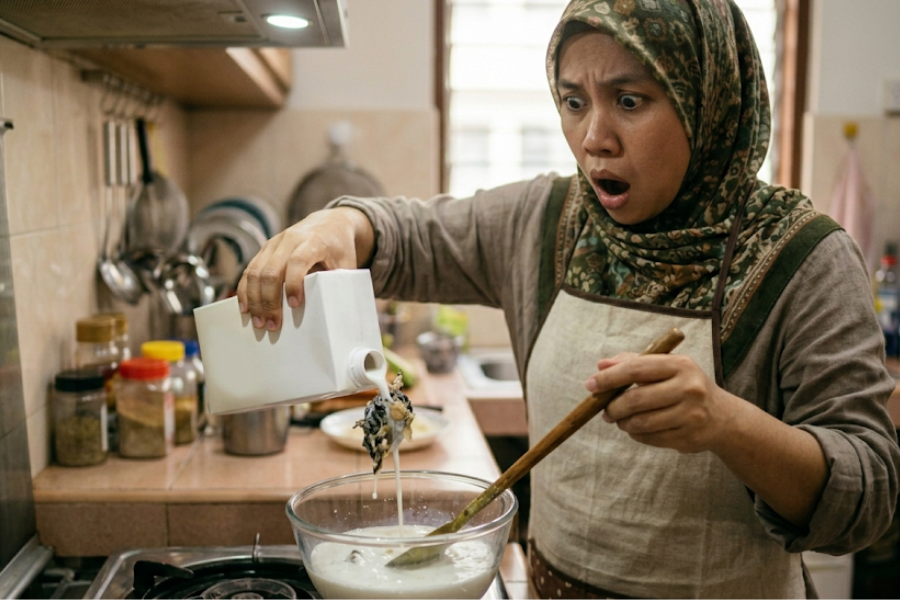 Wanita ini terkesima melihat benda asing dalam santan kotak digunakan untuk memasak.