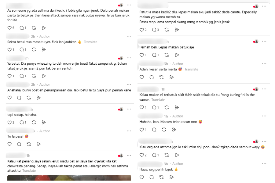 Kebanyakan netizen mengalami sakit dada selepas makan jeruk.