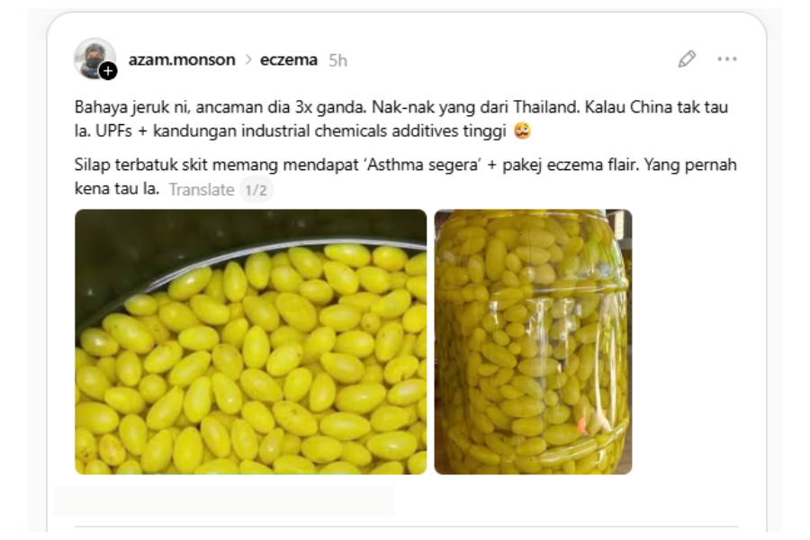 Azam berkongsi bahan kimia dalam jeruk mendatangkan risiko.