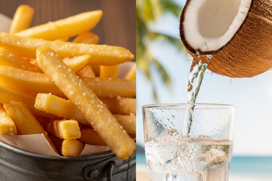 Makanan masin seperti kentang boleh diganti dengan air kelapa untuk menghasilkan sumber elektrolit.