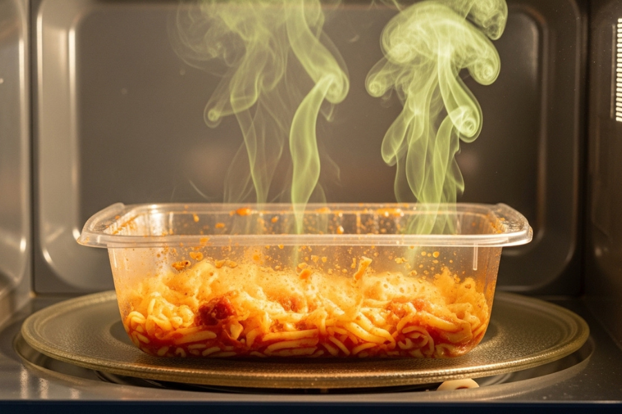 Bekas plastik yang dipanaskan dalam microwave boleh mengeluarkan kimia dan meresap ke dalam makanan.