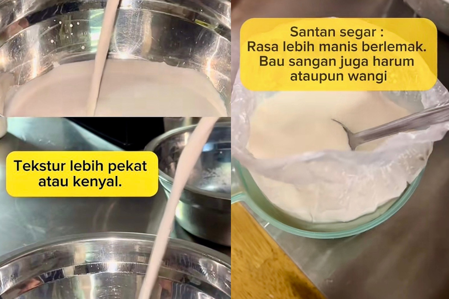 Santan segar dan campuran turut mempunyai tekstur dan warna berbeza. 