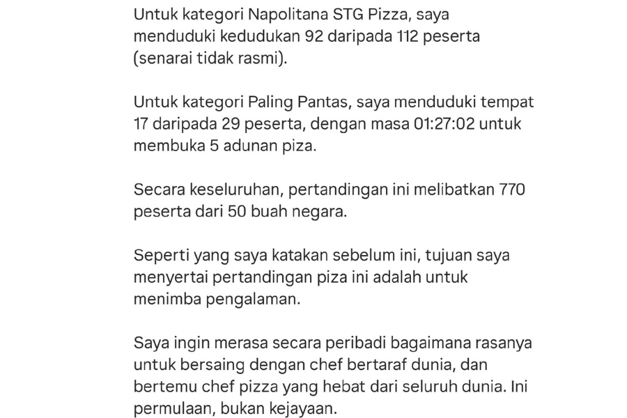 Pakar piza ini mahu menimba pengalaman dengan menyertai pertandingan piza peringkat dunia itu.