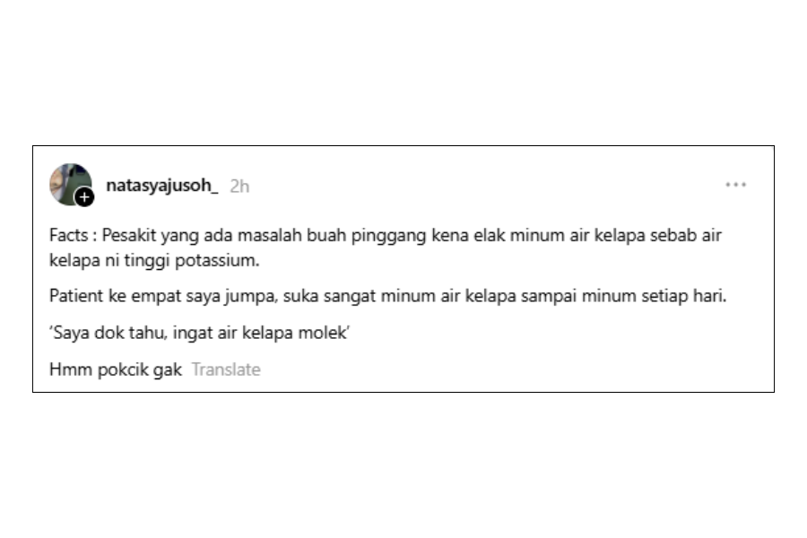 Seorang pakar diet mendedah kandungan kalium merisikokan kesihatan pesakit buah pinggang kronik.