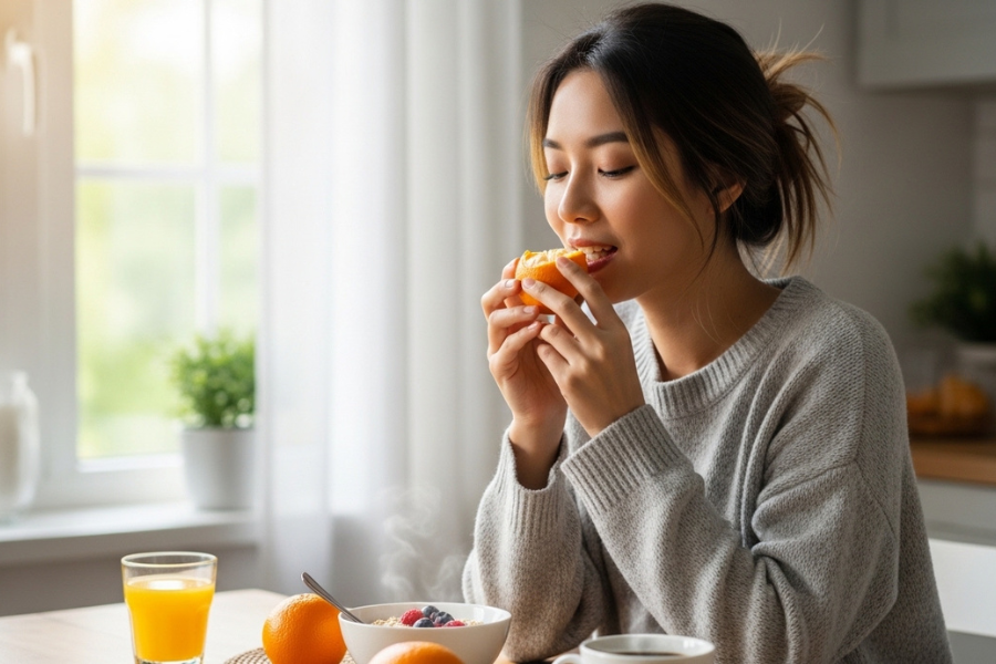 Makan oren pada waktu pagi membantu memberikan tenaga segera, menyegarkan badan dan kaya dengan vitamin C.
