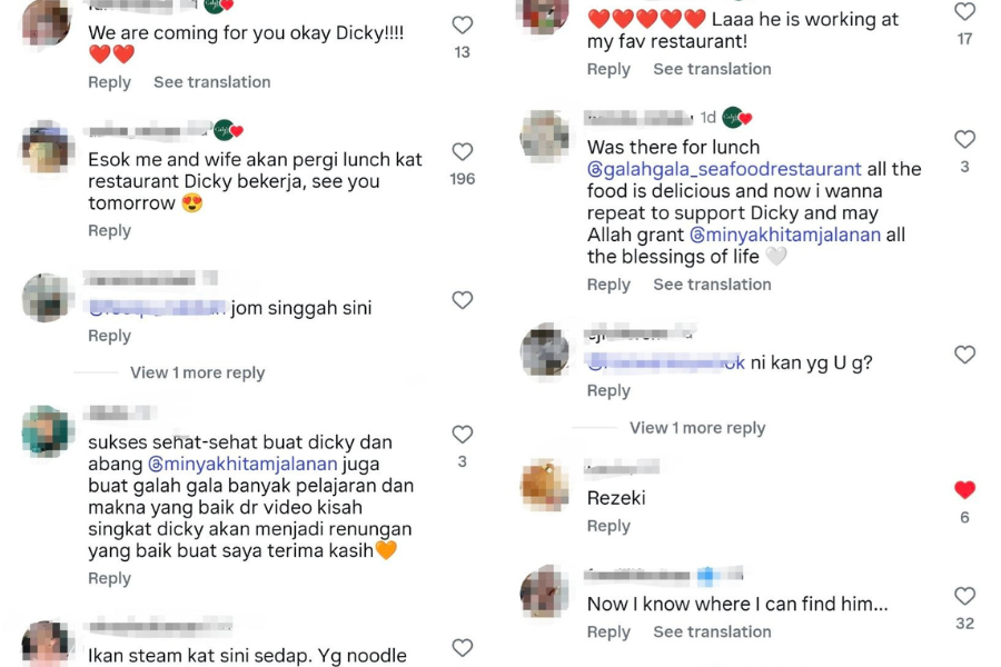 Rata-rata netizen menyuarakan sokongan untuk datang makan ke restoran tempat Dicky bekerja.