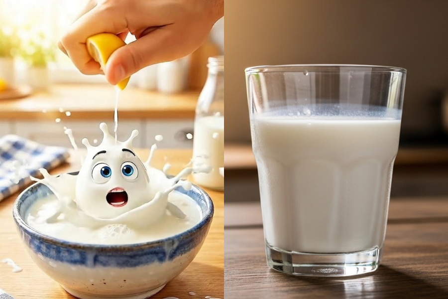 Susu asli segar akan berketul dan bergumpal selepas diperah dengan lemon.