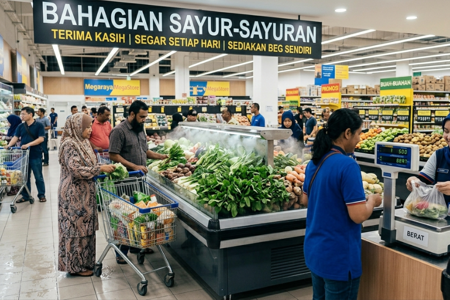 Bahagian sayuran diletakkan di pintu masuk untuk cipta ilusi pada minda.
