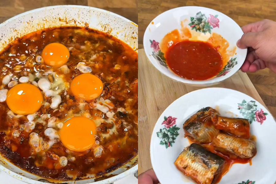 Sardin digoreng asing sehingga garing kemudian dimasukkan sekali bersama telur.