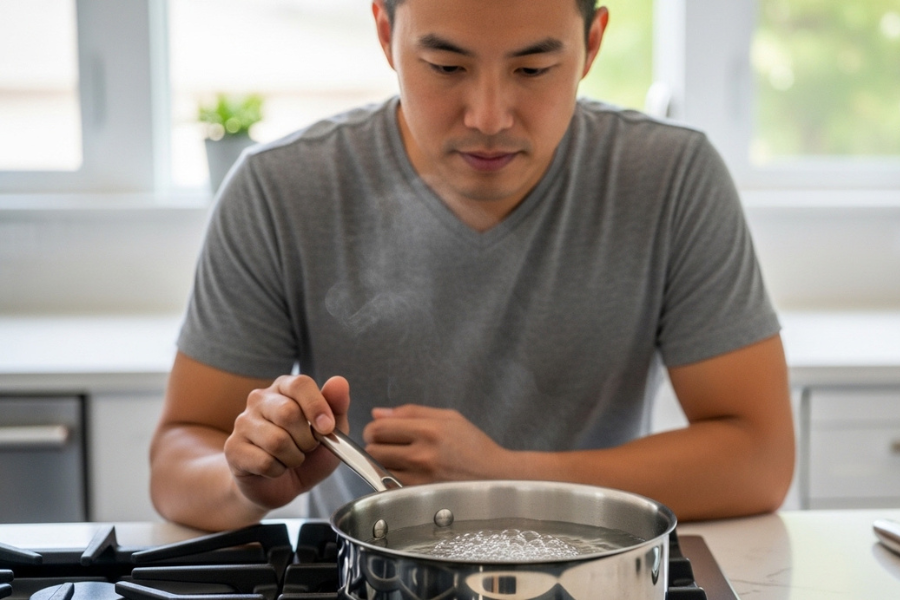 Didihkan air dalam kuali baharu dan biarkan sehingga sejuk.