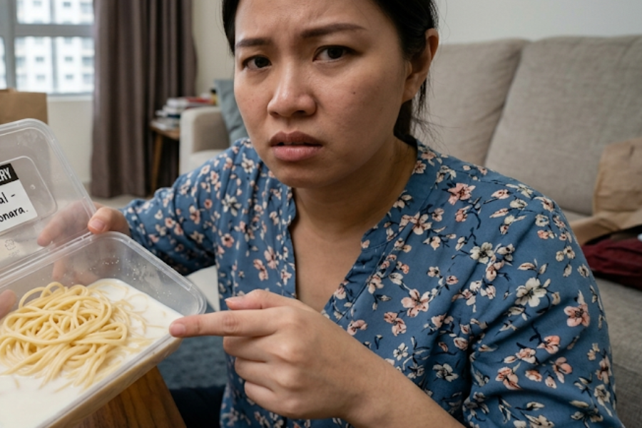 Wanita ini kecewa dengan pesanan karbonara hidangan kanak-kanak dipesan hambar. Gambar AI