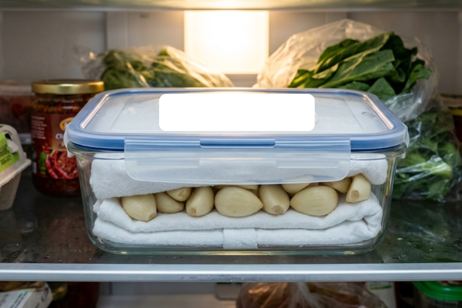 Simpan bawang putih dalam bekas kedap udara dan dilapisi dengan tuala untuk tahan lebih lama dalam peti sejuk.