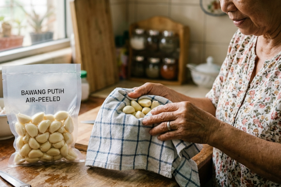 Lap kering bawang putih menggunakan tuala sebelum disimpan dalam peti sejuk.
