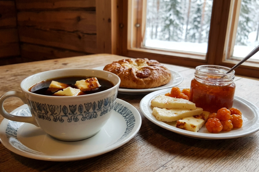 Kopi yang dicampur dengan potongan keju ini dihidangkan ketika musim sejuk di Finland.