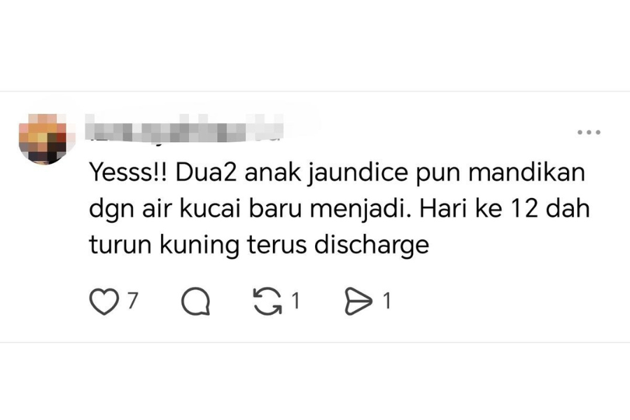 Rawatan penyakit kuning dengan air rebusan daun kucai turut diakui oleh pengguna lain.