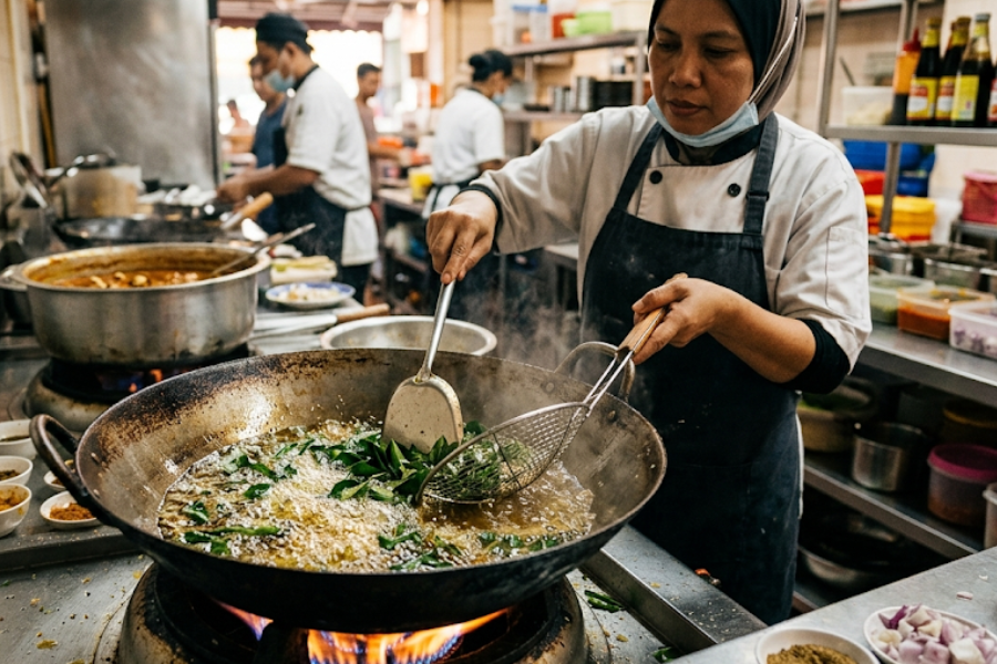 Daun kari perlu digoreng dalam minyak panas agar kekal rangup dalam simpanan. Gambar AI