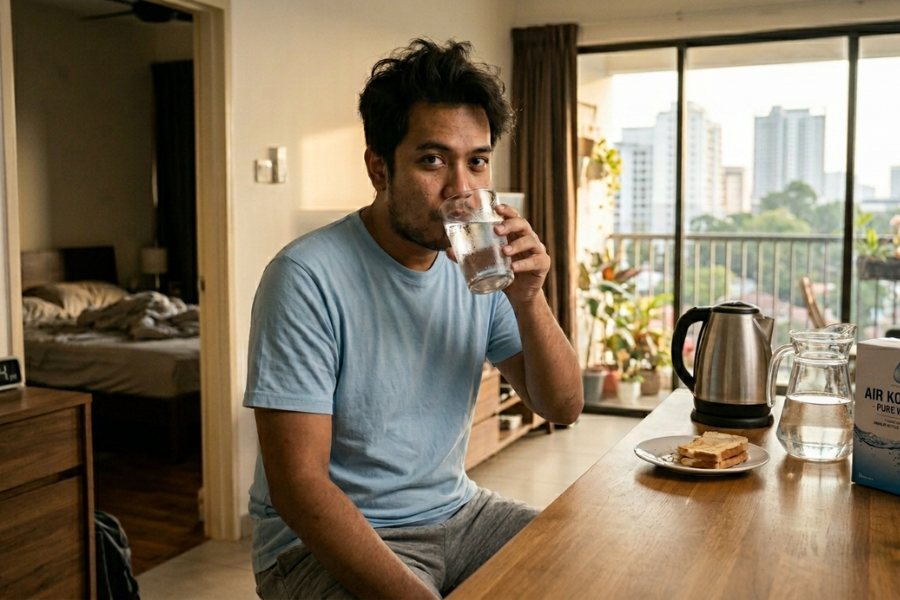 Sebaiknya minum kira-kira 50ml air kosong sebaik sahaja bangun daripada tidur.