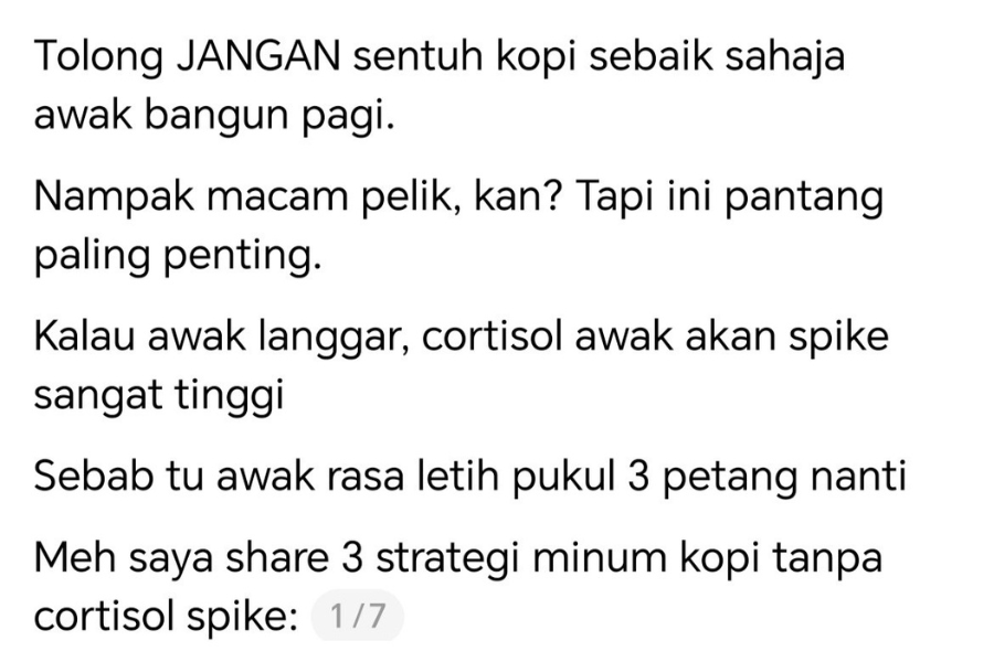 Seorang mahasiswa perubatan menyarankan supaya orang ramai menghentikan tabiat minum kopi selepas bangun tidur.