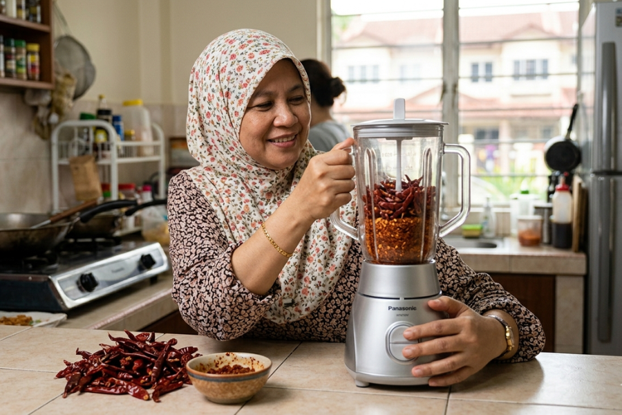 Salah satu petua untuk elak sambal terpercik adalah dengan mengisar cili kering bersama minyak masak.