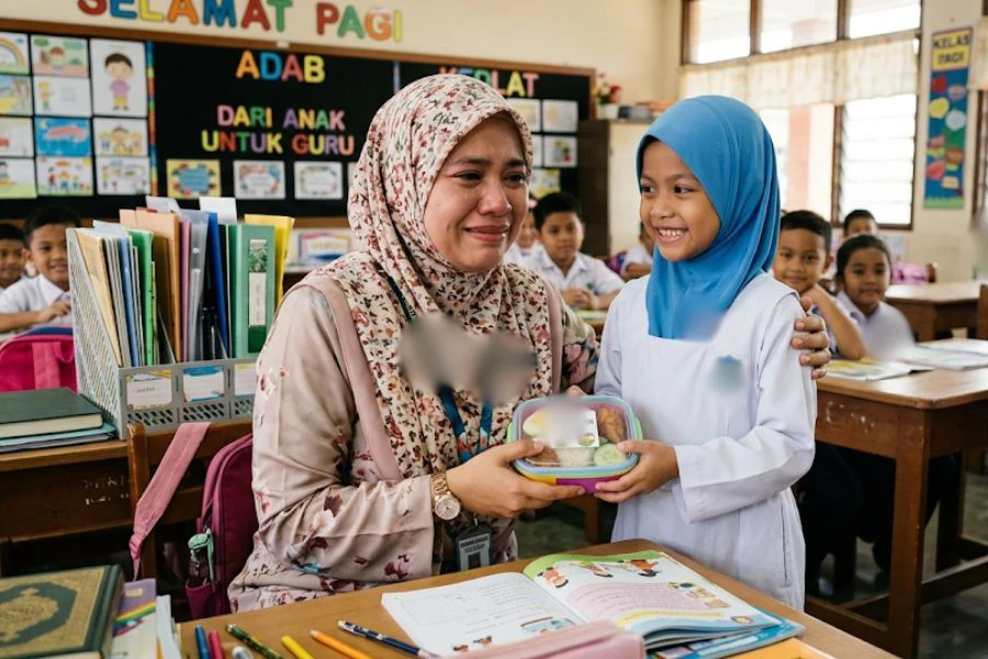Seorang ustazah terharu menerima bekal bento nasi lemak diberikan oleh muridnya. Gambar AI