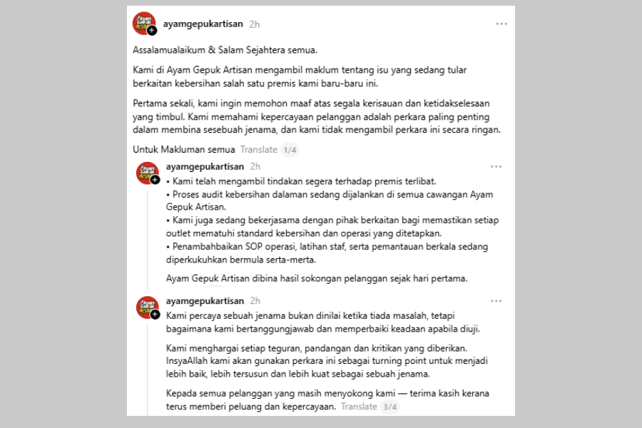 Ayam Gepuk Artisan dalam satu kenyataan tampil memohon maaf.