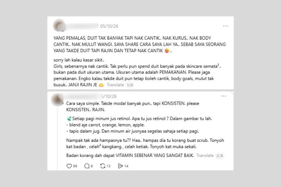 Perkongsian mengenai rutin minum jus ‘retinol’ semula jadi mencuri perhatian ramai.