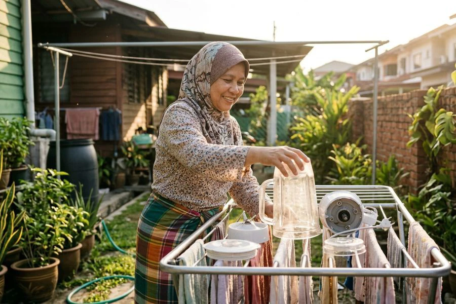 Wanita menjemur mesin pengisar di bawah cahaya matahari dan tidak menyangka kesan kuning itu hilang.