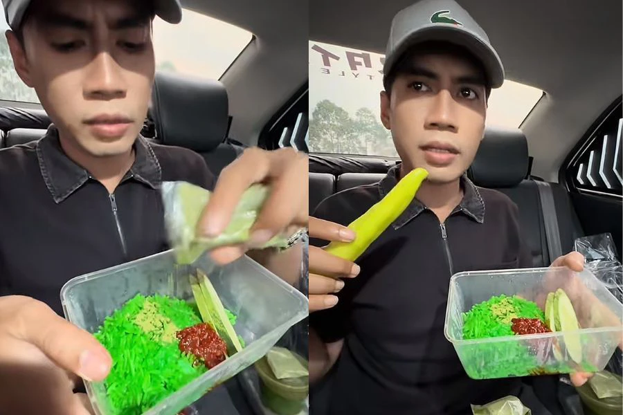 Nasi lemak dimakan bersama taburan serbuk matcha.