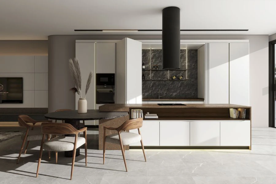 Kabinet dapur berkualiti tinggi tampil dengan reka bentuk kontemporari.
