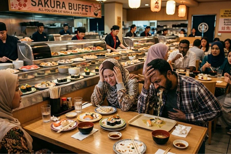 Muntah pelanggan ditemui di atas meja makan.