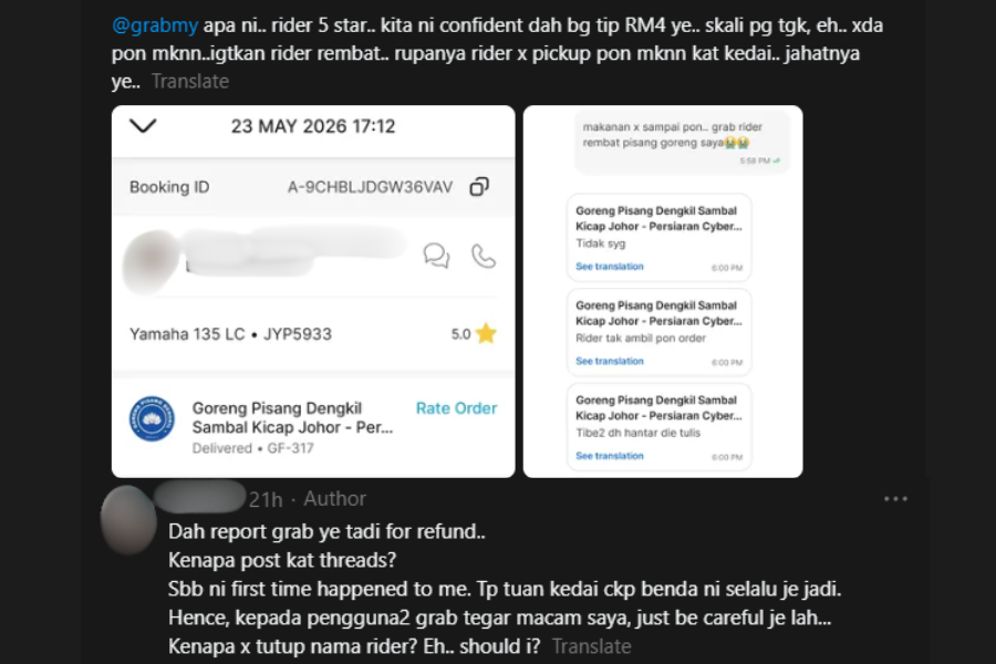 Wanita itu mendakwa rider tersebut mencuri makanannya.