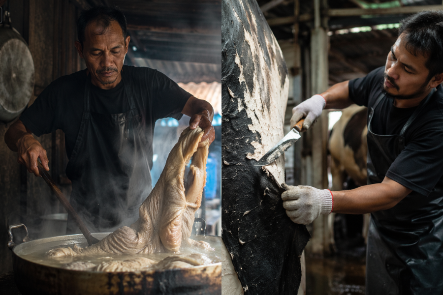 Perut lembu perlu direbus ke dalam air mendidih sebelum kulit berwarna hitamnya dikikis sehingga bersih.