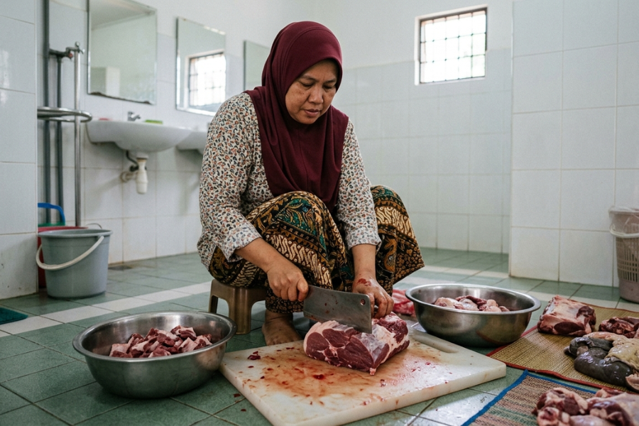 Ramai menyarankan agar menggunakan papan pemotong kayu agar daging tak terkena lantai secara langsung.