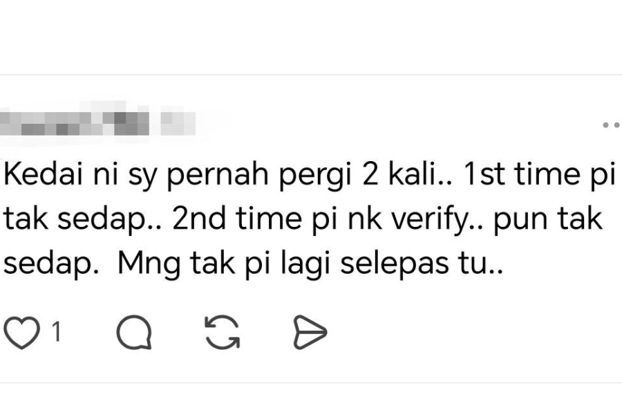Seorang pelanggan lain mendakwa kedai tomyam yang dimaksudkan memang tidak sedap selepas dua kali makan di sana.