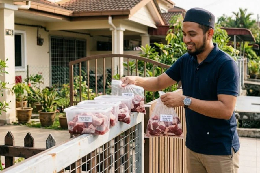 Kalau nak agih pada jiran atau penerima, sebaiknya maklumkan terlebih dahulu supaya daging dapat disimpan elok. Gambar AI
