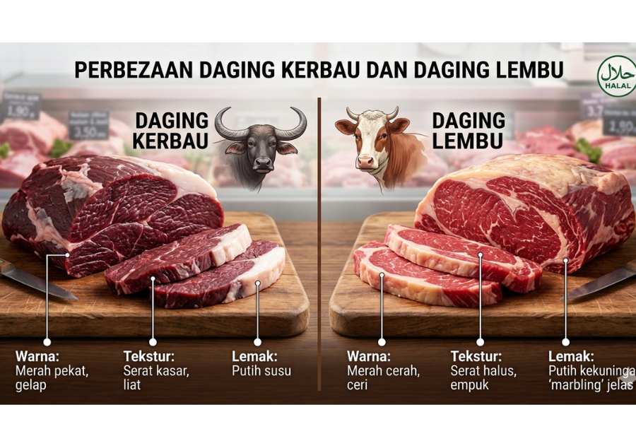Perbezaan antara daging lembu dan kerbau.