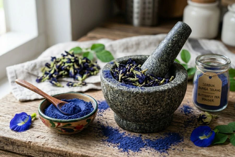 Blue matcha dihasilkan daripada bunga telang yang sudah diproses.