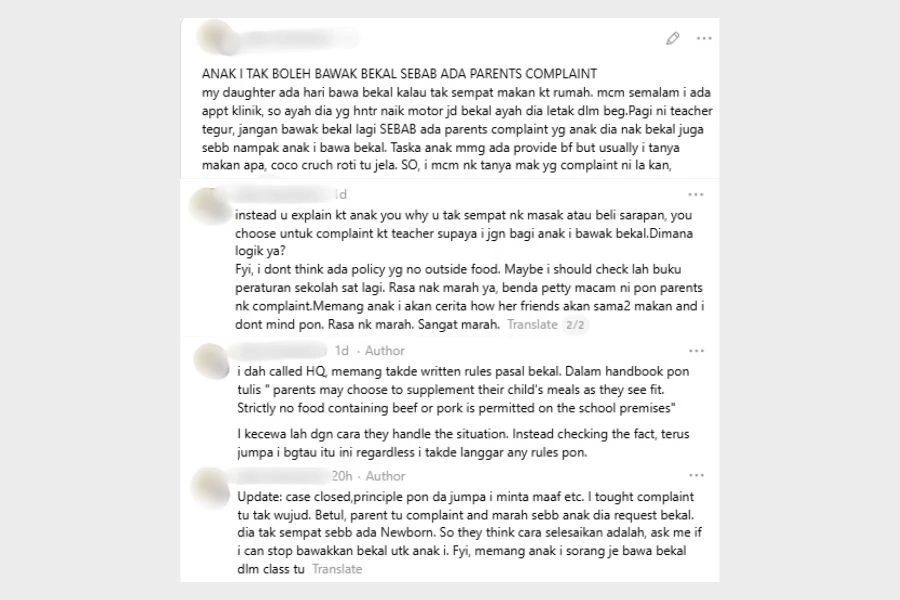Wanita kesal apabila dia didakwa dihalang daripada menyediakan bekal untuk anaknya sendiri.