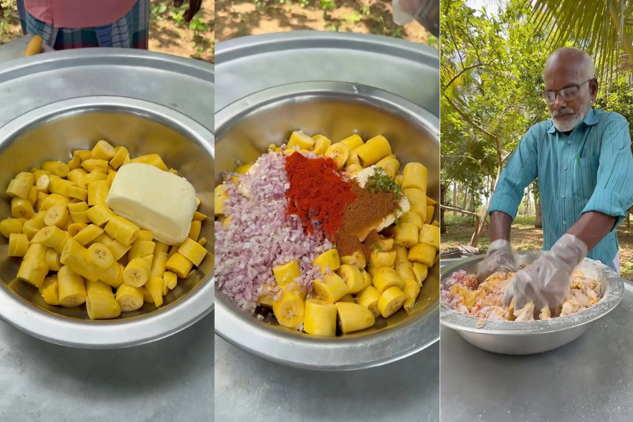 Cekodok pisang versi dari India oleh Villatic Foods menggunakan bahan tambahan seperti serbuk rempah, cili dan hirisan bawang.