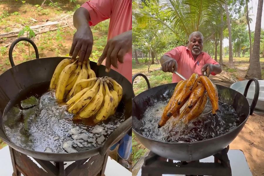 Uniknya, pisang digoreng terlebih dahulu bersama kulitnya sebelum diadun dengan bahan adunan.