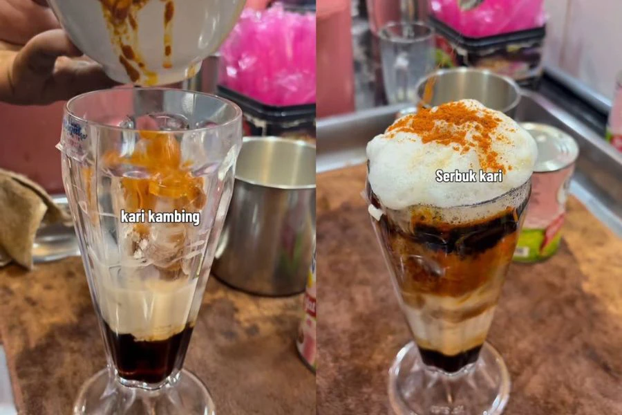 Minuman itu turut dihiasi dengan taburan serbuk kari, bendi, papadom dan daun kari sebagai pelengkap.