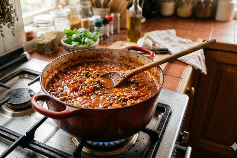 Sos bolognese diperbuat daripada tomato.