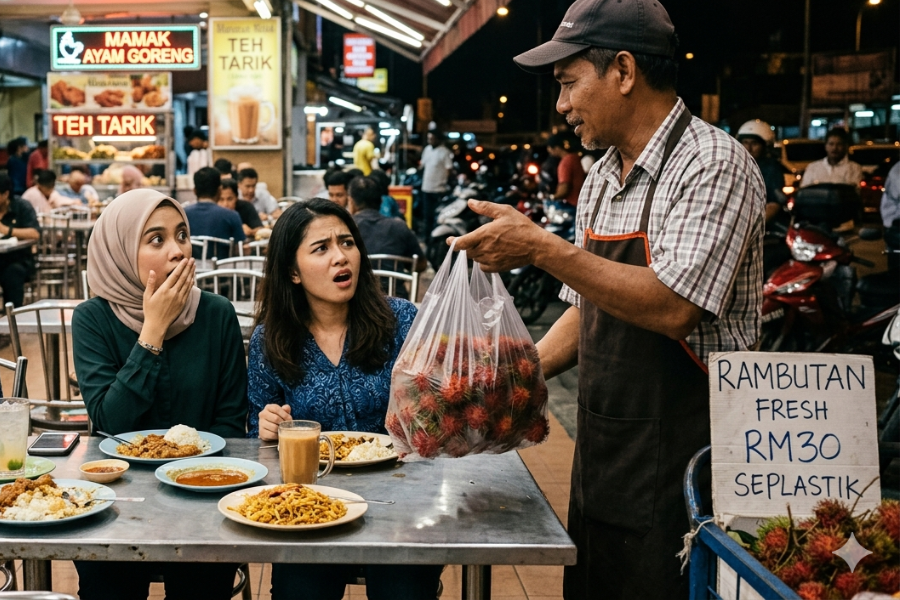 Seorang wanita dan rakannya terkejut satu plastik rambutan dijual pada harga RM30.