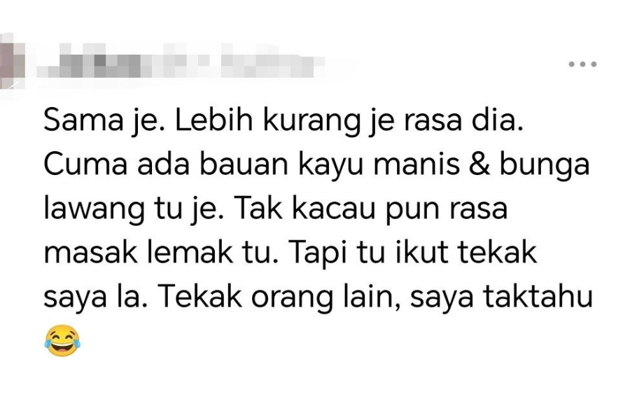 Masak lemak cili api yang menggunakan kayu manis dan bunga lawang dikatakan tidak mempengaruhi rasa.