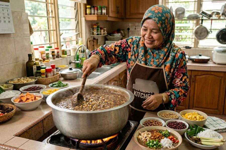 Proses penyediaan Bubur Asyura Johor unik, menjadikannya hidangan tradisi digemari.
