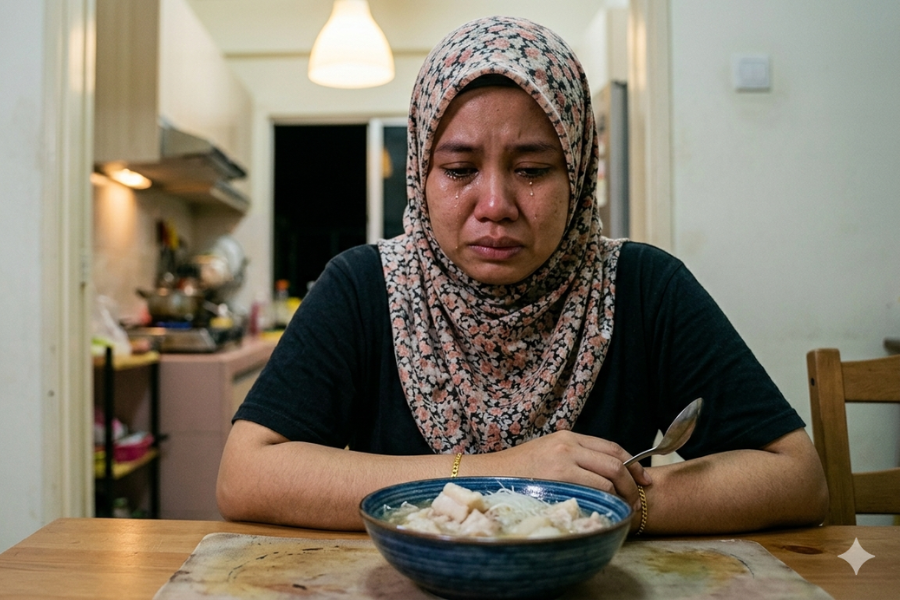 Apa yang membuatkan wanita itu sedih bila mengenangkan bihun sup itu dibeli dengan wang gaji suaminya.